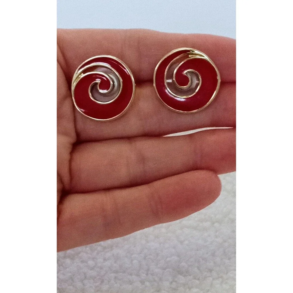 Vintage Monet Goldtone Red Enamel Swirl Post Earrings - Picture 8 of 8